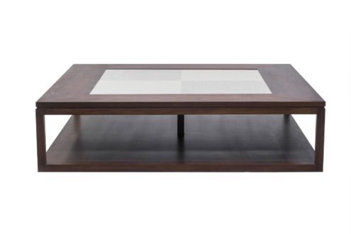 BW3393 Modern Entertainer Coffee/Cocktail Table 72"w x 72"d x 18"h. Shown in Walnut with Fabric Wrapped Panels. Contact BW for custom sizes