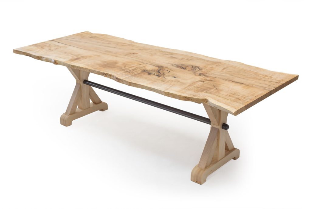 BW5276 Live Edge Top Table 96"w x 38"d x 30"h. Shown with Maple in an oiled and waxed finish and Bronzed Stretcher. Contact BW for custom sizes
