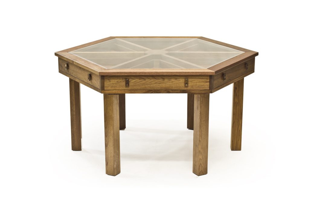 BW5355 Game Table with Storage/ Removeable top 60"w x 60"d x 30"h. Shown in Walnut with an Oiled and Waxed finish. Contact BW for custom sizes