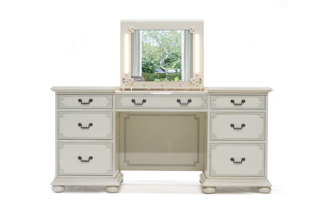 BW5686 Traditional Vanity 63.5"w x 23.5"d x 30h. Shown in painted finish with leather lined drawer boxes. Contact BW for custom sizes