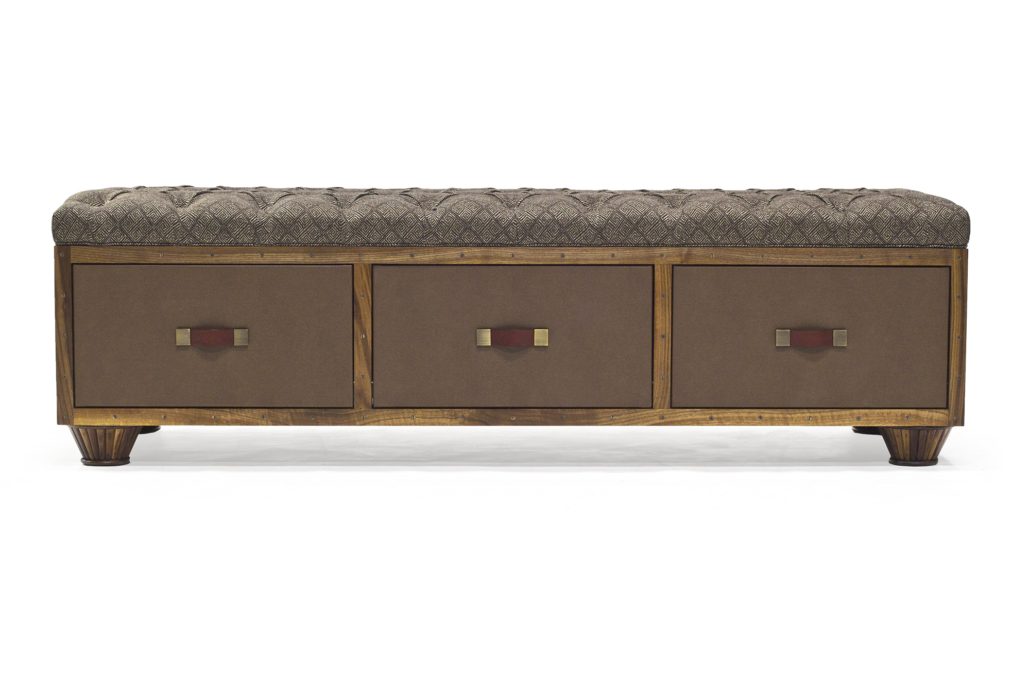 BW9053 Rustic Upholstered Storage Bench 66"w x 24"d x 18"h. Shown in Walnut with Brass and leather accents. Contact BW for custom sizes